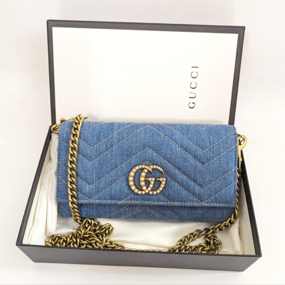 ✨️💎Rare Authentic Limited Edition Gucci marmont Denim Pearl GG Logo Long Wallet - Picture 3 of 15